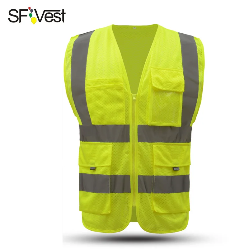 Men\'s orange mesh workwear vest with pockets company logo printing