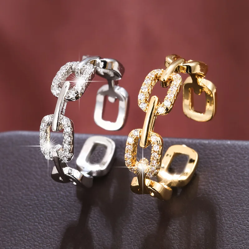 

Jianjie Loop Fastening Design Opening Rings for Women Shining Zirconia Gorgeous Wedding Party Chain Link Ring Jewelry
