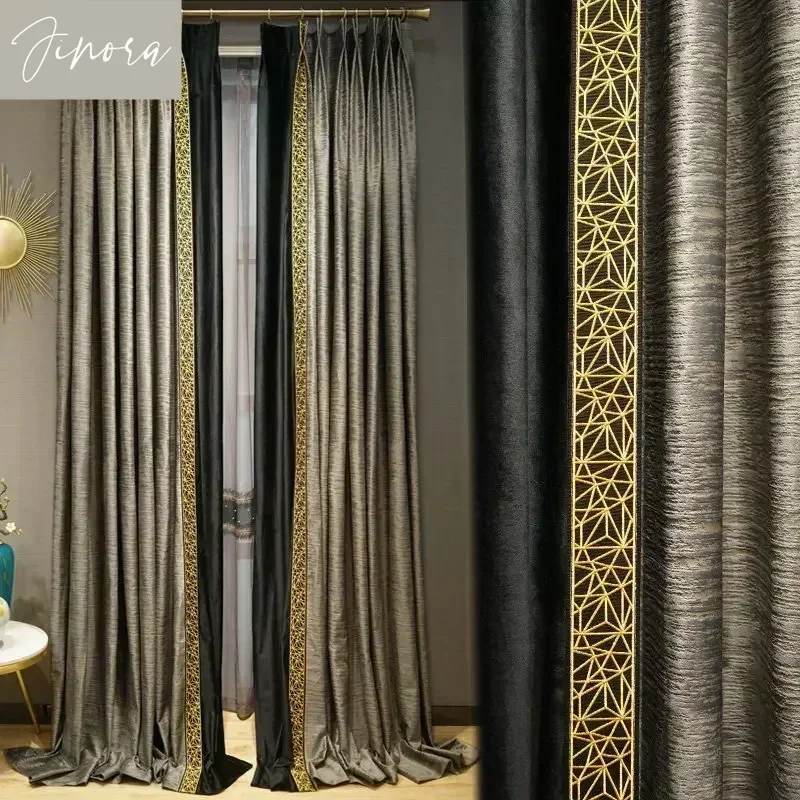 European Luxury Velvet Curtains for Living Room Bedroom Blackout Gray Lace Splicing Window Curtains Tulle High-end Customization