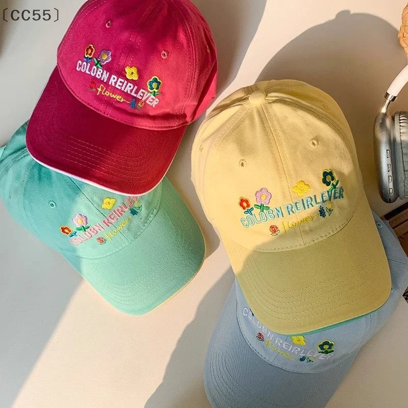 、1CC55⚡Women broderie fleurs casquette de baseball doux coton visières extérieures chapeau à visière lettre coréenne couleur unie Hip Hop papa chapeaux