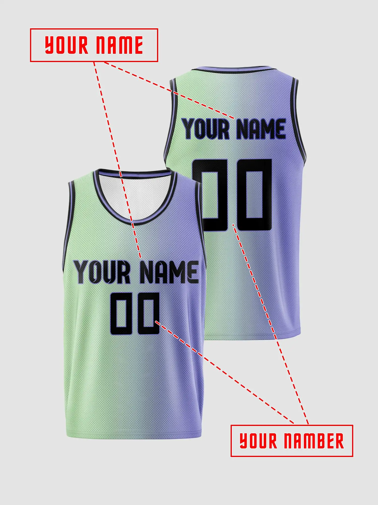 Green‑purple Gradient Custom Sleeveless Basketball Jersey, Breathable Mesh Quick‑dry Vest With Custom‑printed Name And Digits