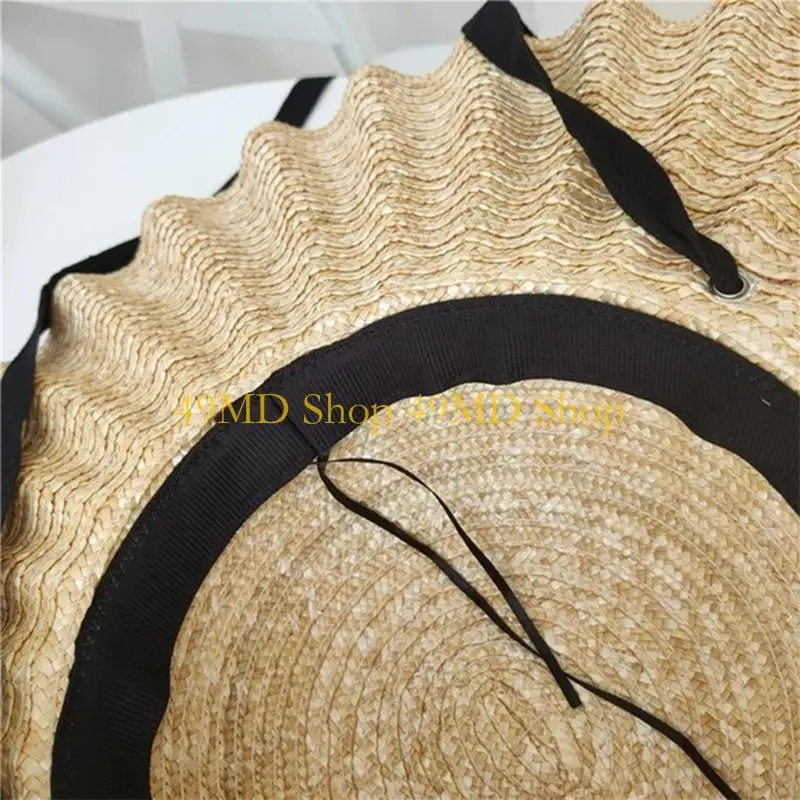49MD Fashionable Wide Brim Straw Hat with Ribbon Great for Women Sun Protective Cap for Beach Activity Women Photography Wear