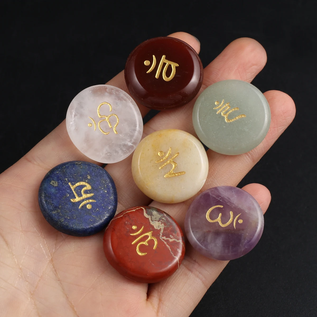 

7 Chakra Natural Crystal Quartz Agate Gemstones Reiki Rune Round Tumble stone Energy Healing sets meditation Ornaments