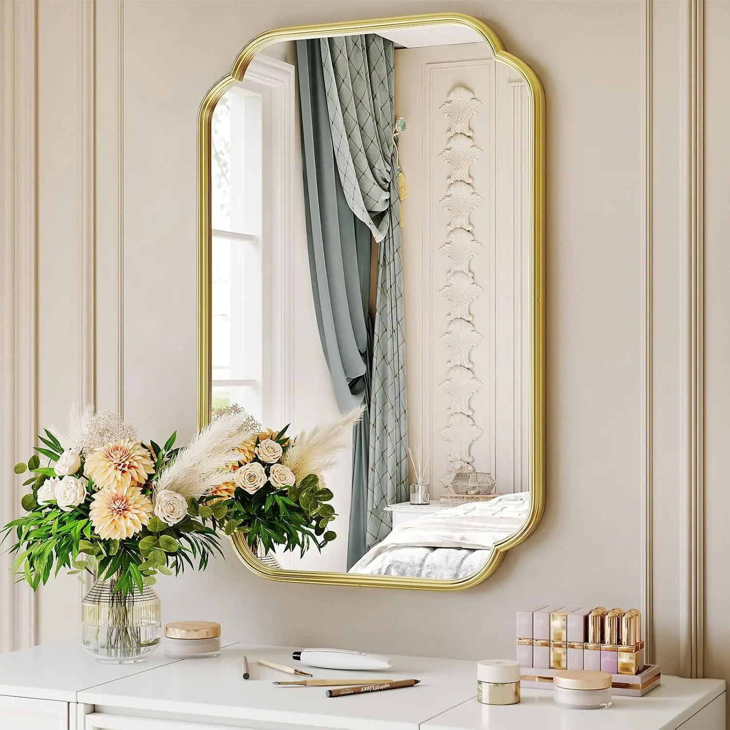 Gold Scalloped Bathroom Mirror 24x36 Inch Rounded Rectangle Corner Metal Frame Wall Vanity Fireplace Living Room Entryway Horizo