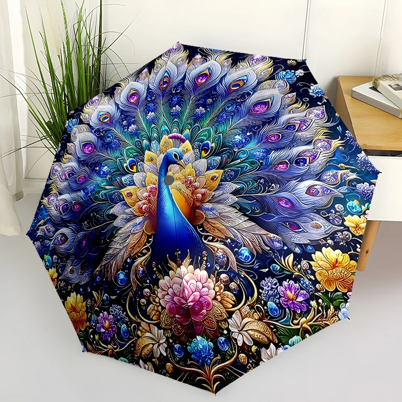 Peacock Theme Folding Umbrella - Fashionable Auto-Open Design 8 Iron Ribs Plastic Handle Foldable Sunshade，Perfect Gifts