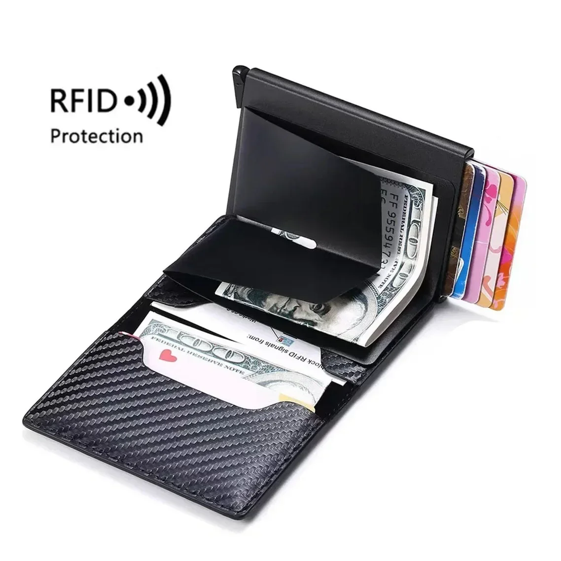 محفظة حامل بطاقات الائتمان من ألياف الكربون للرجال RFID Smart Metal رفيعة ونحيفة ومنبثقة وصغيرة الحجم ومحفظة سوداء معدنية