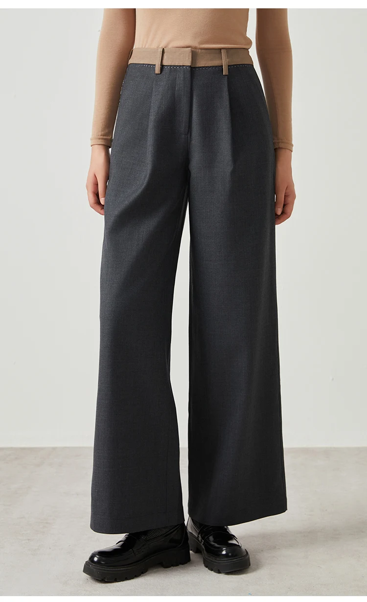 K2546W Damen-Hose mit weitem Bein, Wollmischung, hoher Taille, vorne plissiert, lange, taillierte Hose für Büro und Arbeit – Detail 9