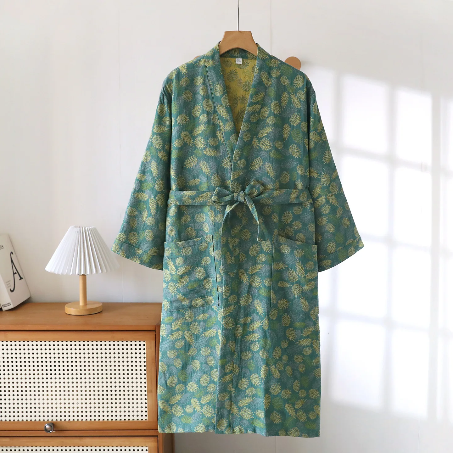 

Summer Long Robe Cotton Jacquard Kimono Bathrobe Sleepwear Homewear Sexy V-Neck Nightwear Loungewear