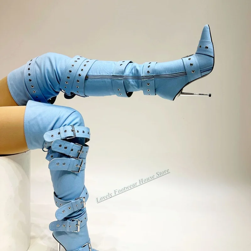

Sexy Woman Pointed Toe With Buckles and Rivets Over The Knee Boots Side Zipper Blue Silver Long Boots Shoes for Woman
