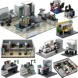 MOC City Laboratory Scene Building Blocks Street View Office Table Game Computer Study Business Hall Chemistry Bricks Toys Gifts