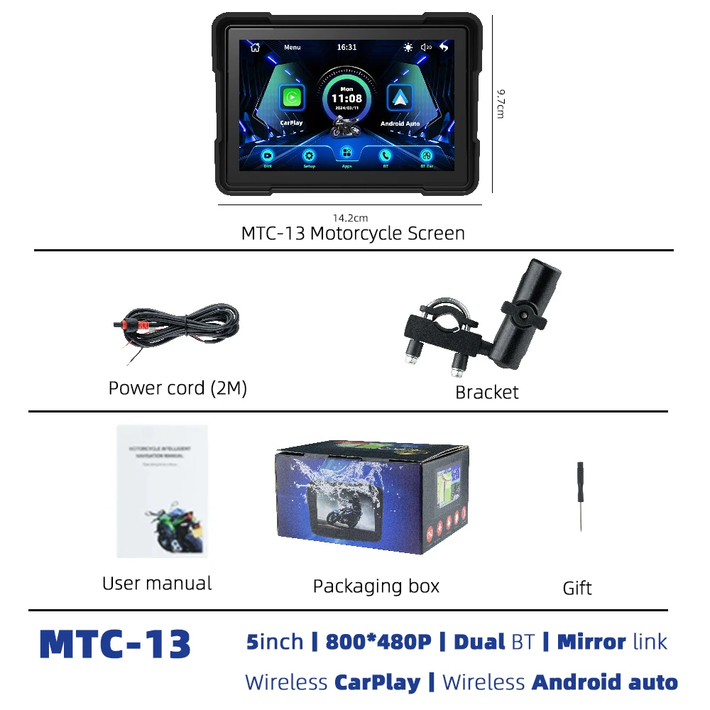EKIY 5,0 inch draadloze CarPlay Moto Android Auto draagbare digitale motorfiets dashboard GPS-navigatie schermmonitor