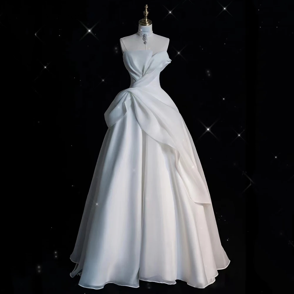 Luxury White Satin Chiffon Strapless Wedding Maxi Bride Dress 2024 Elegant Long Prom Evening Guest Formal Party Women Dresses