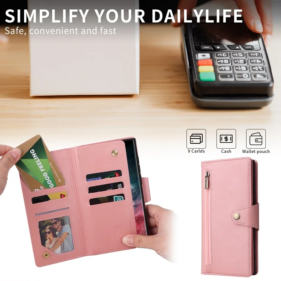 Wallet Rivet Buckle Zipper Leather Case For Samsung Galaxy S22 Ultra S21 FE S20 FE 2022 S10 S9 S8 Plus Note 20 Ultra 10 Lite 9