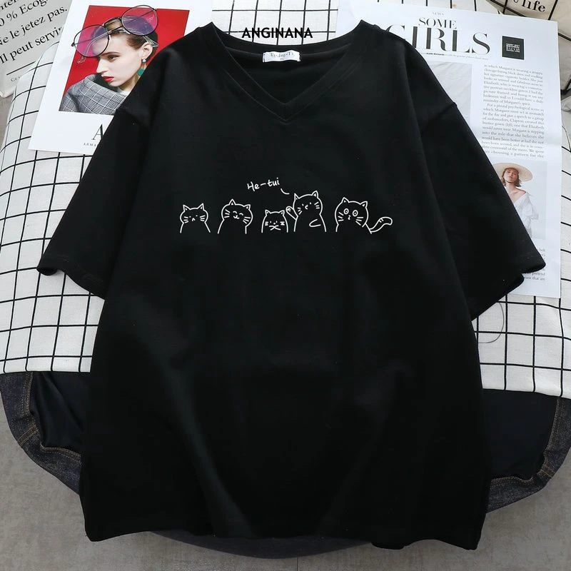 Duży rozmiar 6XL 150KG t-shirty damskie Harajuku topy w dużych rozmiarach nadruk z kotem z dekoltem w szpic krótkie rękawy luźne letnie Kawaii