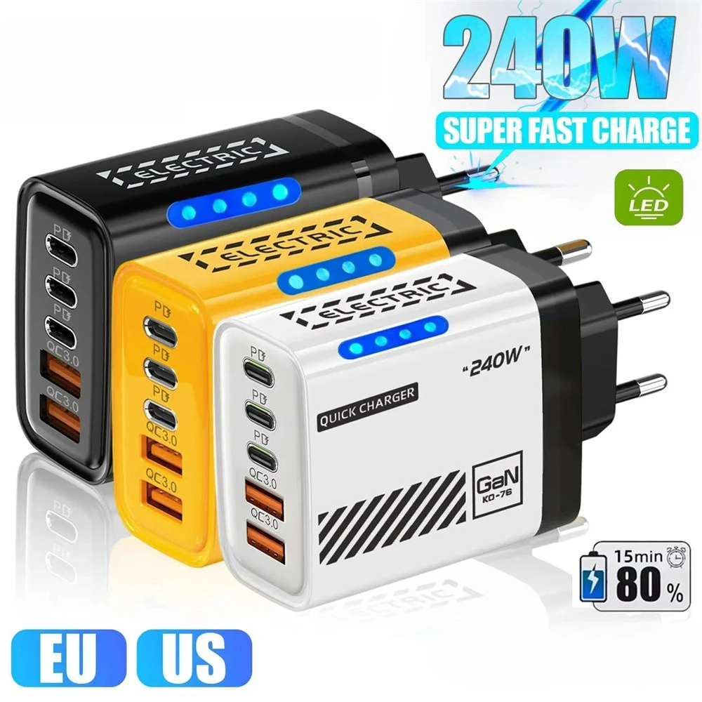 

Зарядное устройство GaN USB-C 5-в-1, 240 Вт, быстрая зарядка, сетевое зарядное устройство для iPhone, Samsung, Xiaomi, с вилкой EU/US, адаптер питания для быстрой зарядки