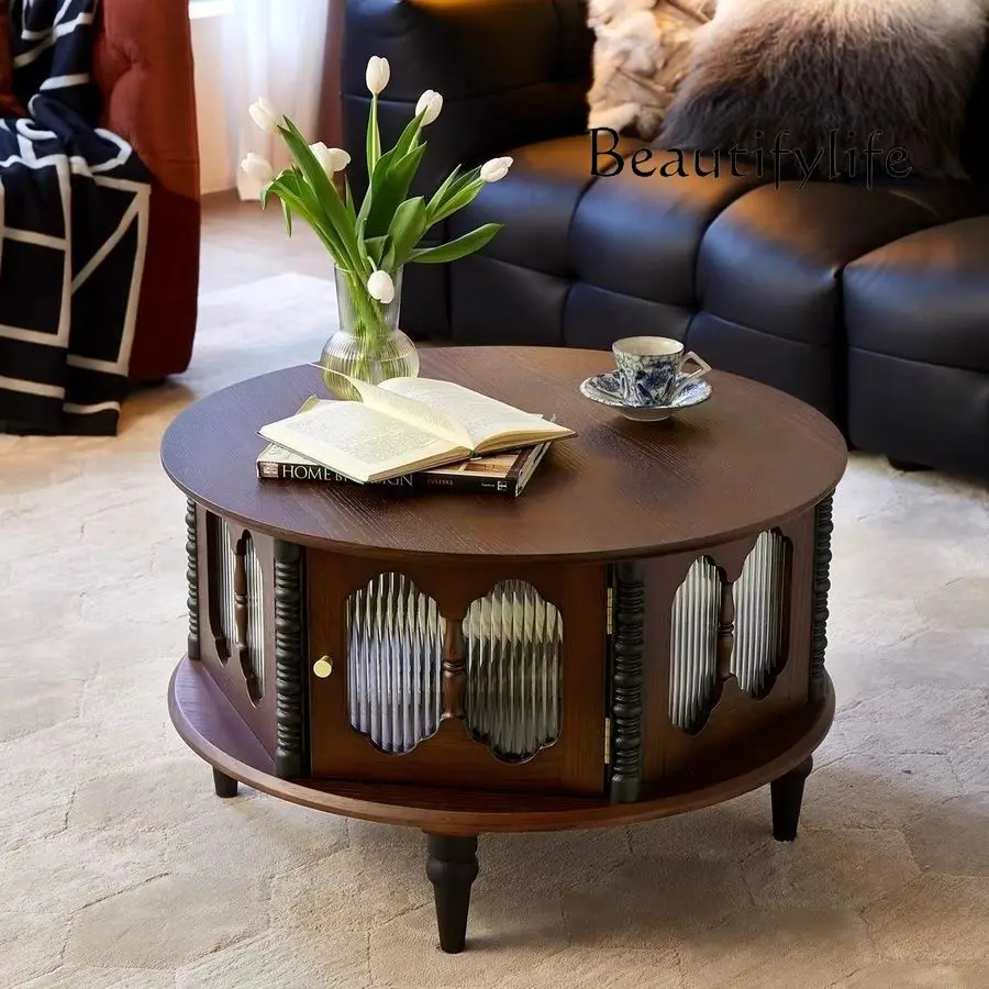 

French Retro Solid Wood Living Room Home Simple Small Apartment Combination round Changhong Glass Tea Table