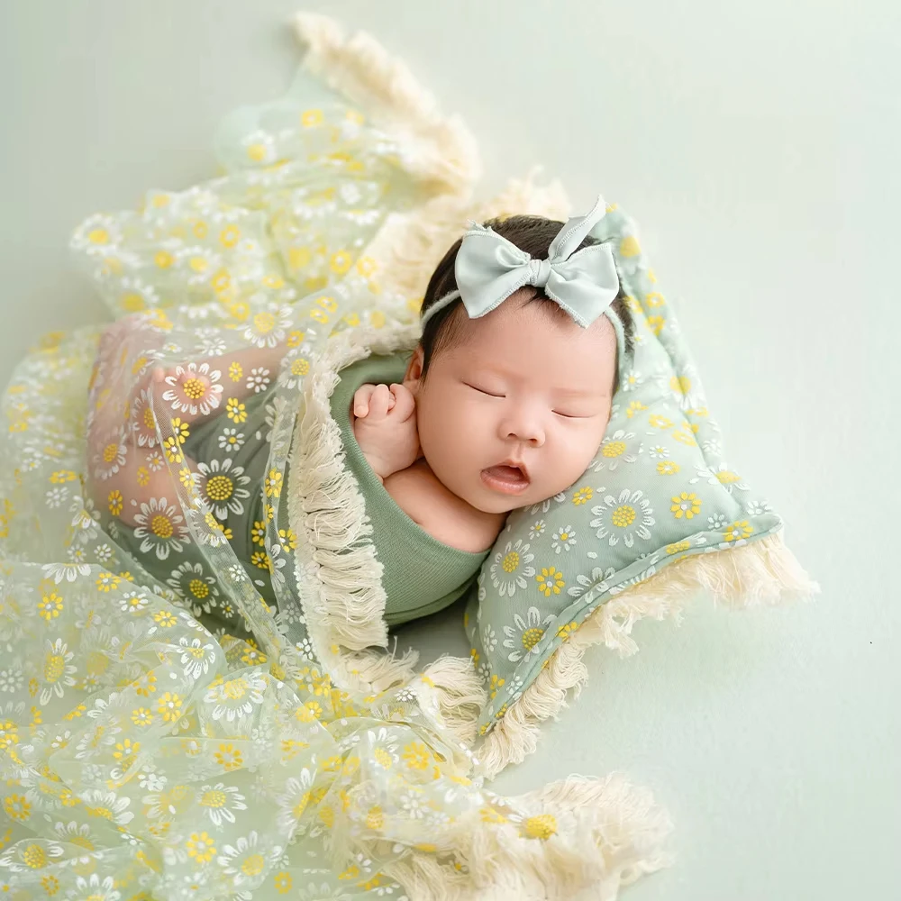 

Очаровательный реквизит для фотосъемки новорожденных с цветком ромашки, зеленая повязка на голову, комплект одеял, весенняя тема, аксессуары для фотостудии для маленьких девочек