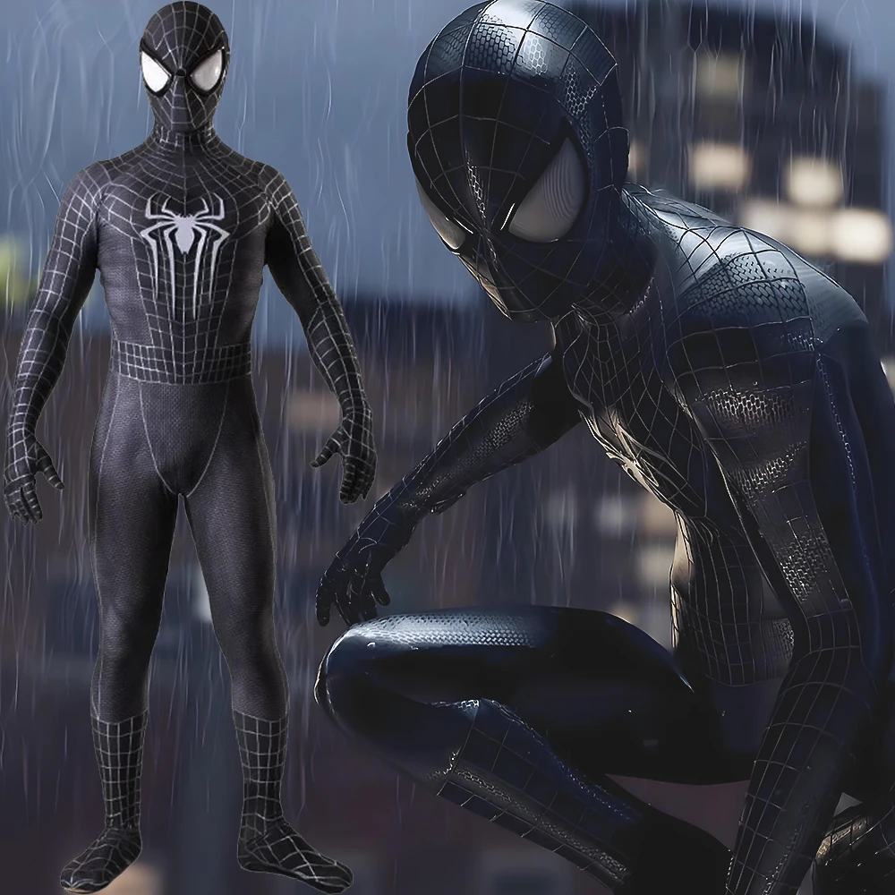 Symbiote Amazing Spiderman Cosplay Spiderman Black 3D LOGO Zentai Bodysuit Halloween Costume Spandex SuperHero Outfit Adult Kids