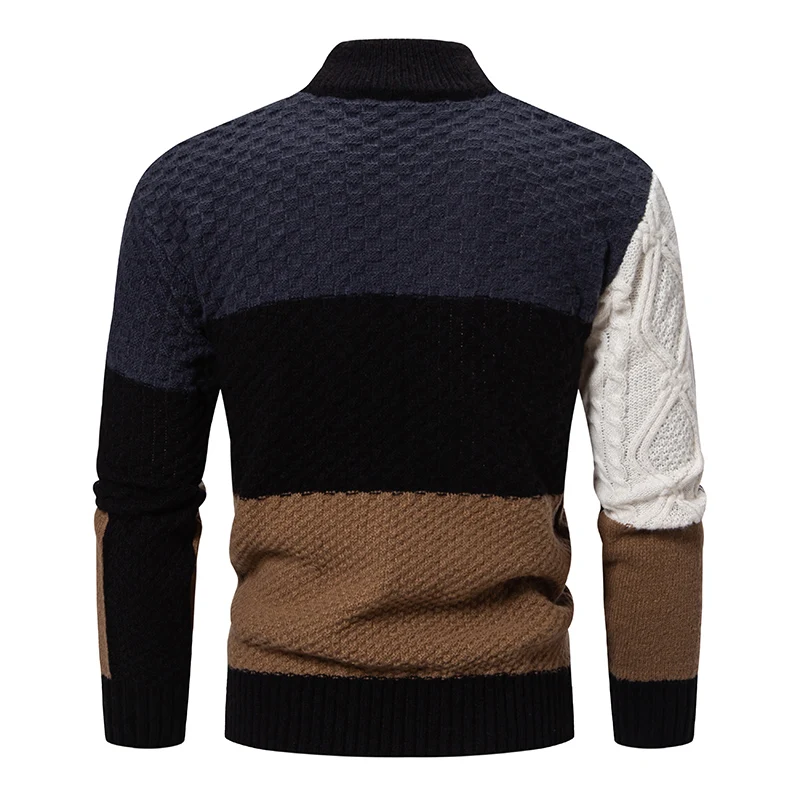 Autumn Winter Men\'s Fashion Patchwork Knit Pullovers Slim Fit Casual Knitted Sweater Men Mock Neck Vintage Streetwear Knitwear