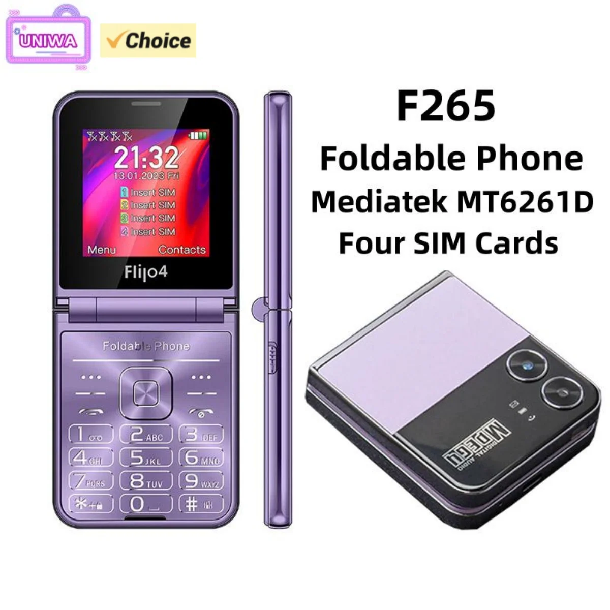 هاتف محمول متعدد اللغات مع شاشة عرض TFT ، F265 فليب ، قابل للطي ، 2 جرام/متر مربع ، أربع بطاقات SIM ، من من mAh ، MTK ، Mp3 ، Mp4 ، 2.55 بوصة ، جديد