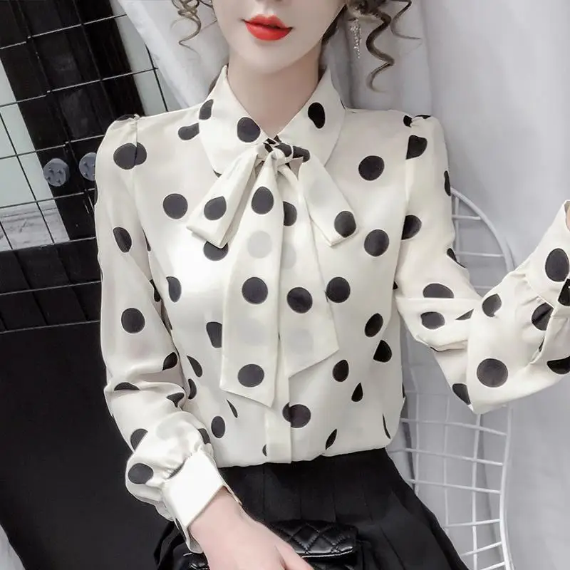 Women\'s Polka Dot Print Bow Elegant Chic Sweet Button Up Shirt Spring Autumn Casual Long Sleeve Office Ladies Blouse Top Blusas