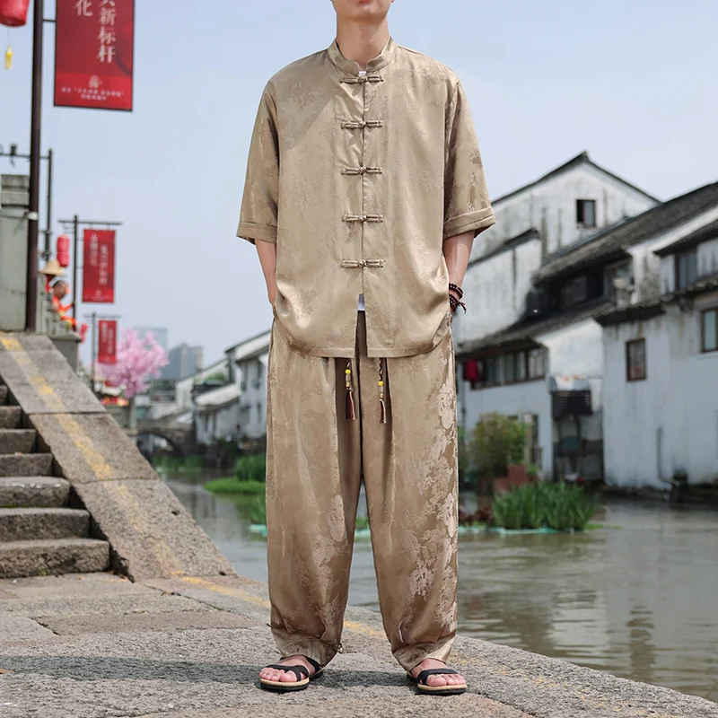 M-XXXXXL Plus Men's 2 Pieces Chinese Sets Tunic Shirt Short Sleeve And Harem Ankle Pants Wide Leg Baggy Beach Trousers Outfits