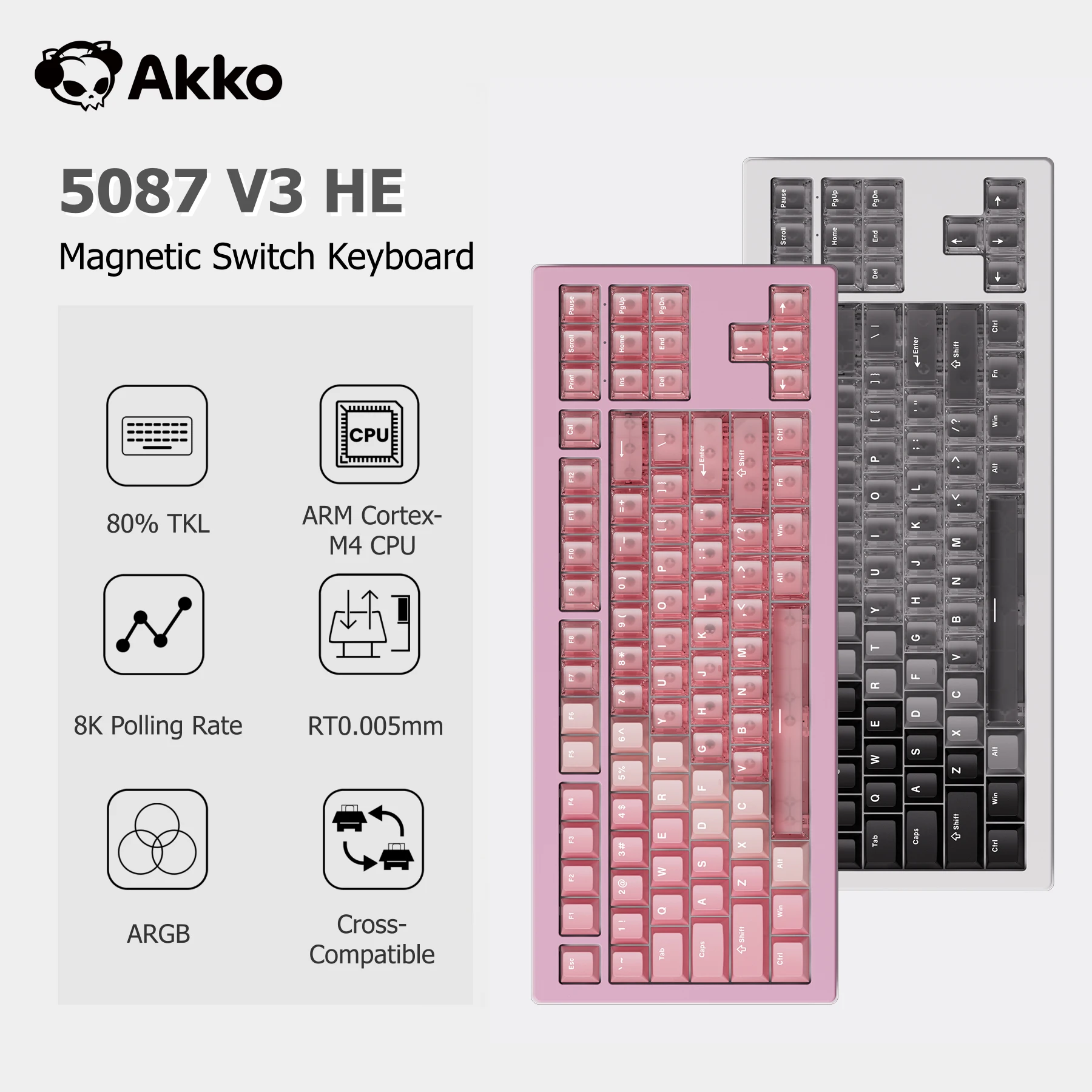 

Akko 5087 V3 HE Клавиатура с магнитным переключателем 80% TKL Американская раскладка Rapid Trigger 0,005 мм 8K Type-C Проводная пользовательская прокладка игровой клавиатуры