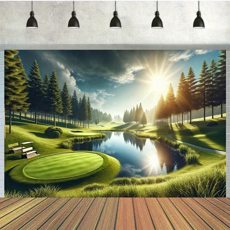 1pc,Green Golf Course Lake Pine Trees Sunrise 2D Flat Tapestry Backdrop For Living Room Decor Nature Sport Wall Hanging Art