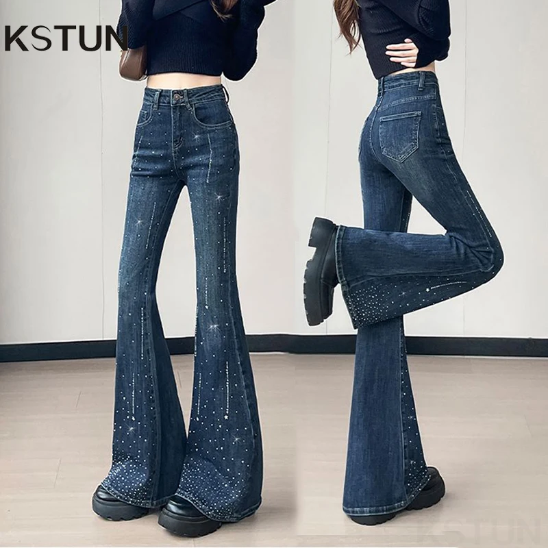 

KSTUN 2026, весенние узкие джинсы для горячих девушек, брюки-клеш с высокой талией, женские эластичные расклешенные брюки, модные модные брюки со стразами