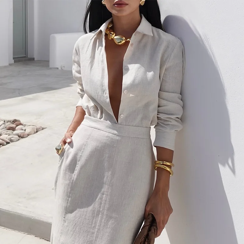 

Lapel Single Breasted Long Sleeved Shirt+High Waist Slimming Half Skirt Female Two Piece Set Elegant Spring Autumn Outfit Women