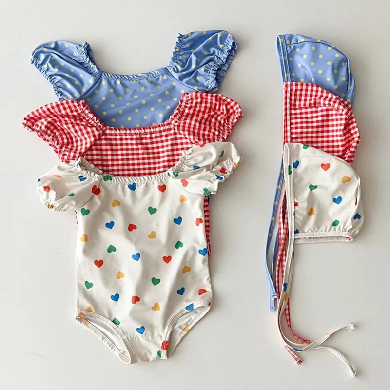 

Summer Baby Girls Swimsuit Short Sleeved Printing Cute Beach Bikini Baby Girl Swimsuits Kids Bathing Swimwear One Piece+Hat