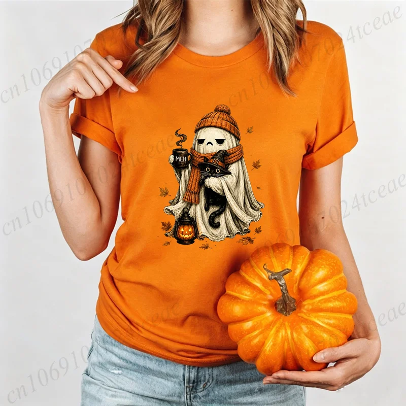 Spooky Black Cat Aesthetic Graphic Tops Women Men Short Sleeve Tee T-Shirts Tops Funny Introvert Halloween Coffee Lover Gift