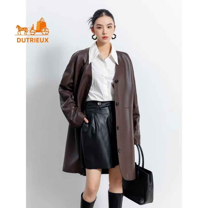 Giacca da donna in vera pelle con giacca a vento di media lunghezza semplice autunno e inverno, vera pelle di pecora al 100%, cappotto elegante alla moda da donna