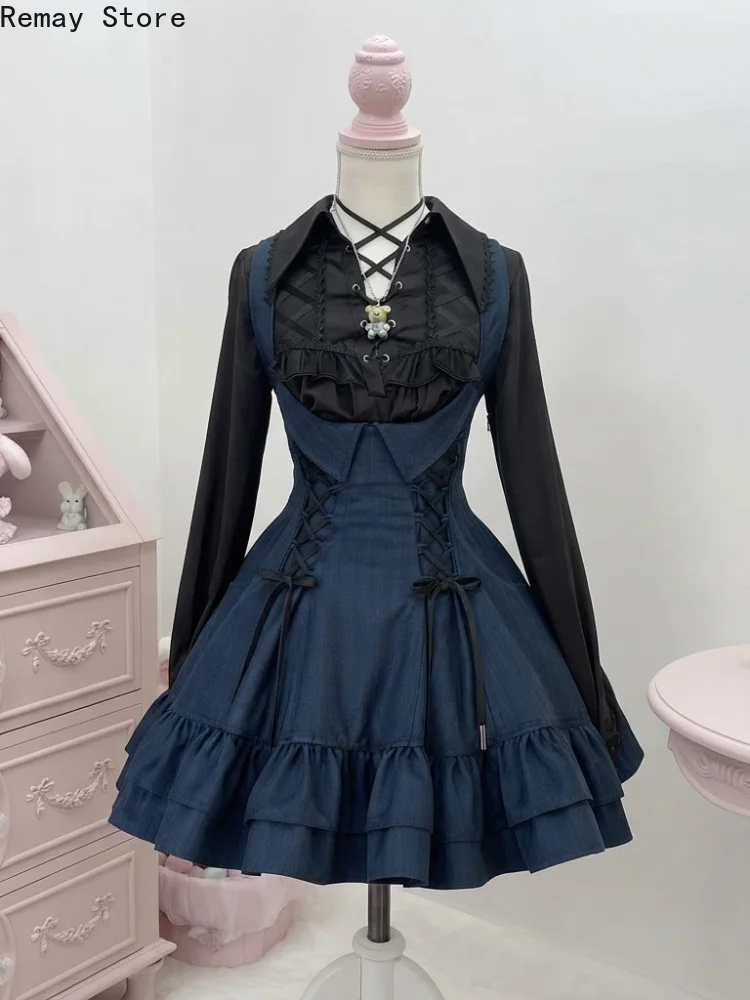 Autumn Winter Japanese Harajuku Gothic Women Long-sleeved Shirt Dress French Elegant Court Vintage Korean Fashion Y2k Outfit Set