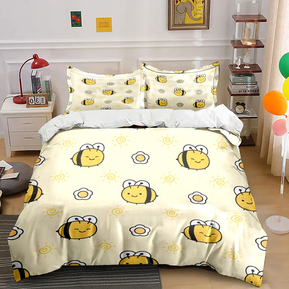 Cute bees and flowers pattern background Print Soft Comfortable Duvet Cover Bedding Set Included 1*Duvet Cover  2*Pillowcases