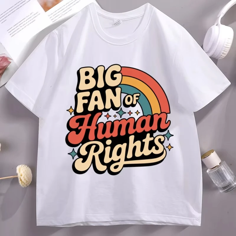Big Fan of Human Rights T-Shirt Men Women Letter Printed Round Neck T Shirt Summer Short Sleeve Tshirt Man Cotton Basic Tees