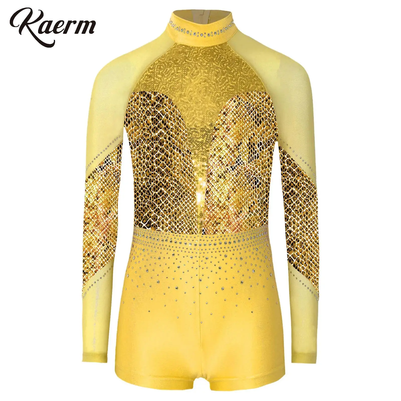 

Girls Rhinestones Rhythmic Gymnastics Jumpsuit Ballet Jazz Leotards Long Sleeve Mesh Sequins Tumbling Figure Skating Bodysuit