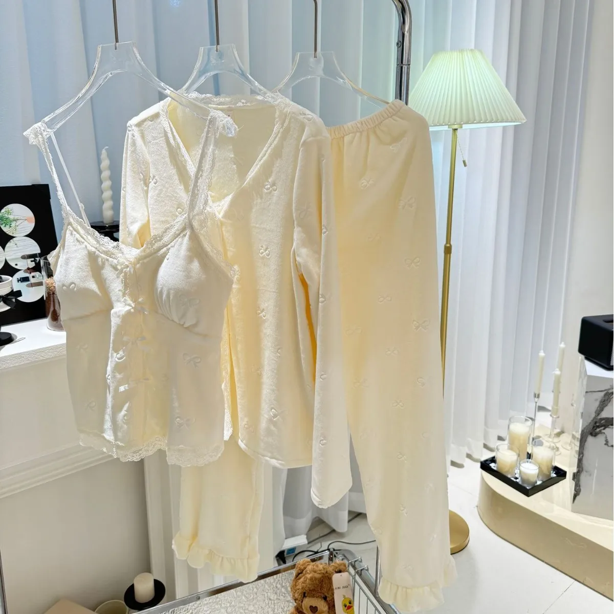 Island Velvet Sleepwear Women's Autumn/winter New Style Small Bow Princess Long Sleeve Set Double Sided Home Clothe Nightwear