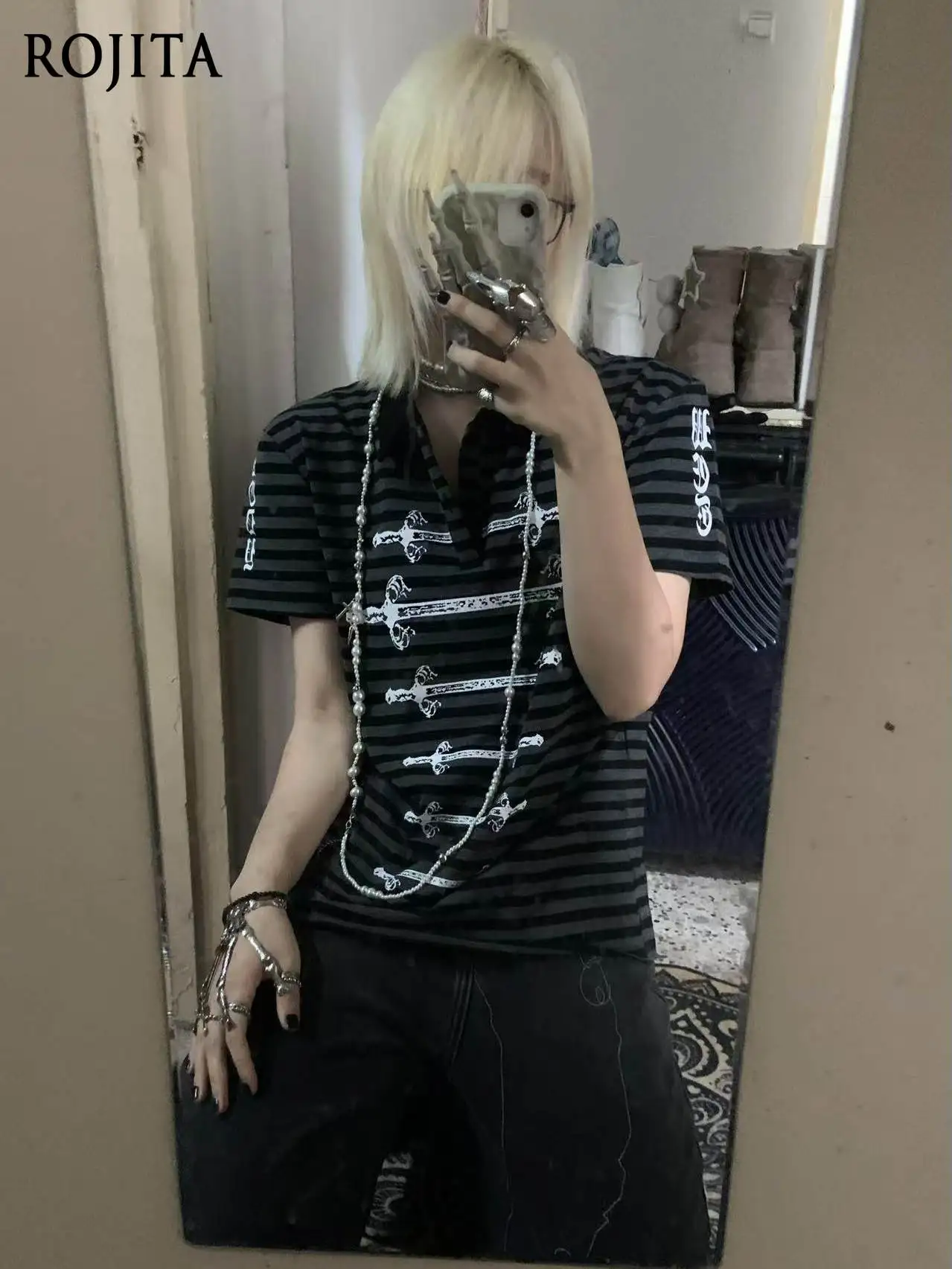 Y2K Gothic Striped Polo Shirt Vintage Sword Graphic Print Short Sleeve Top Dark Streetwear Unisex Tee Aesthetic Clothes