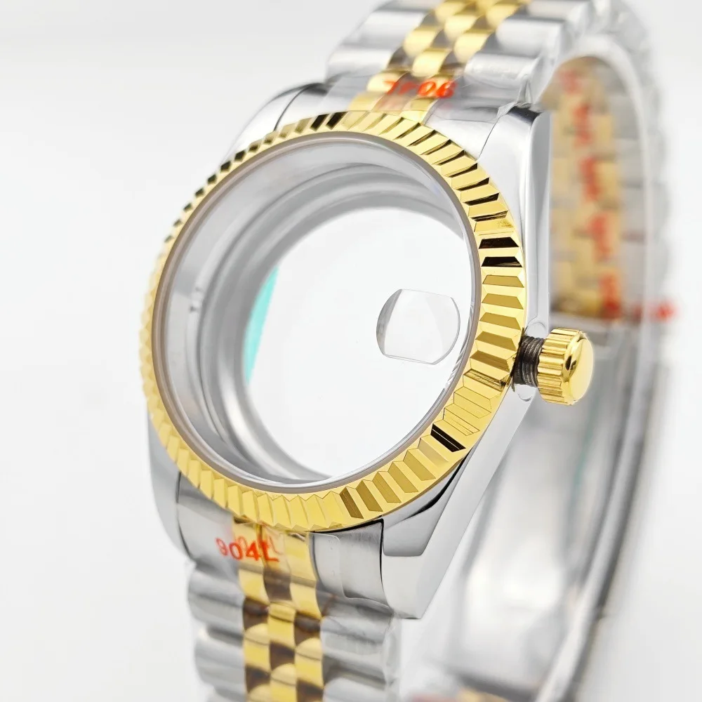 39mm NH35 Two Tone Fluted Bezel Blue Sapphire Watch Case Kit With Bracelet Fit For NH35 NH38 Mechanical Watch Mod Parts
