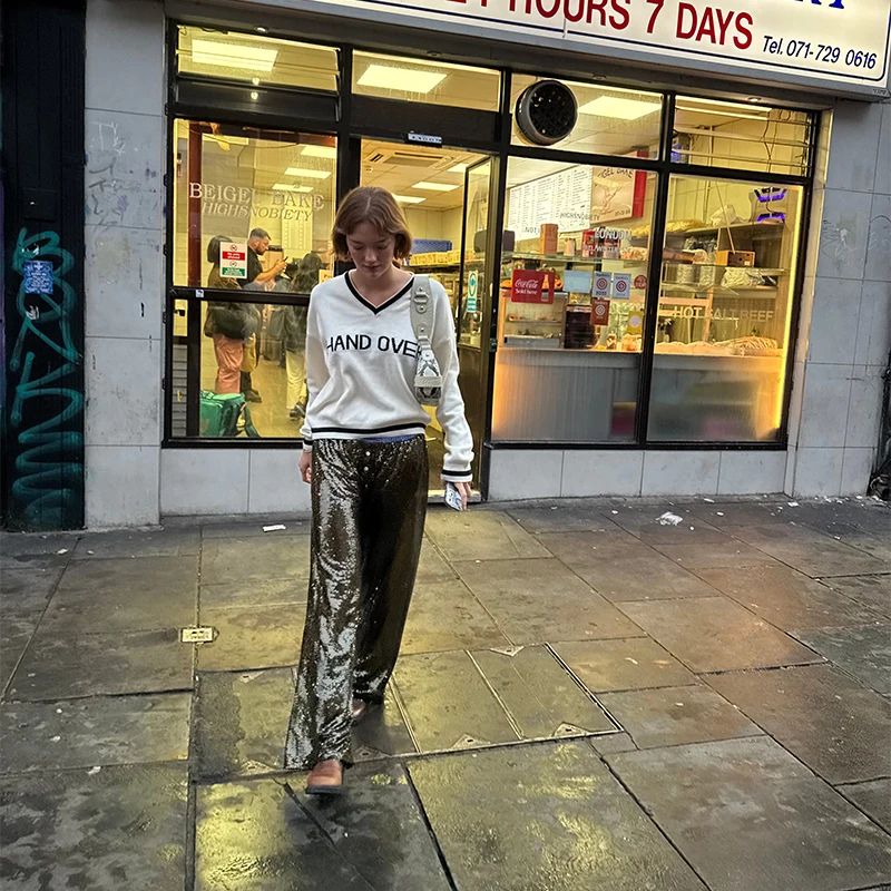 ساطع الترتر سراويل نسائية بريق المرقعة مستقيم الساق بنطلون عادية مرونة الخصر التخسيس بانت طويل 2025 سيدة جديدة بانت #3