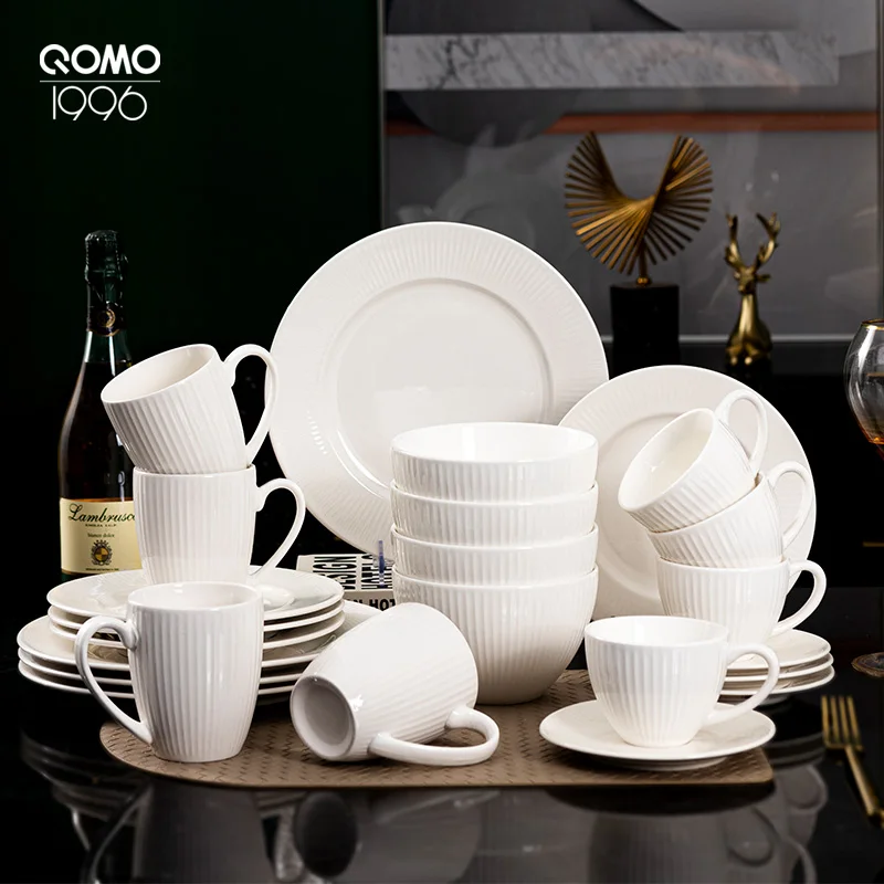 16/20/24-Piece Premium Porcelain Dinnerware Set Elegant White Ceramic Household Kitchen Tableware with Bowls Plates and Cups