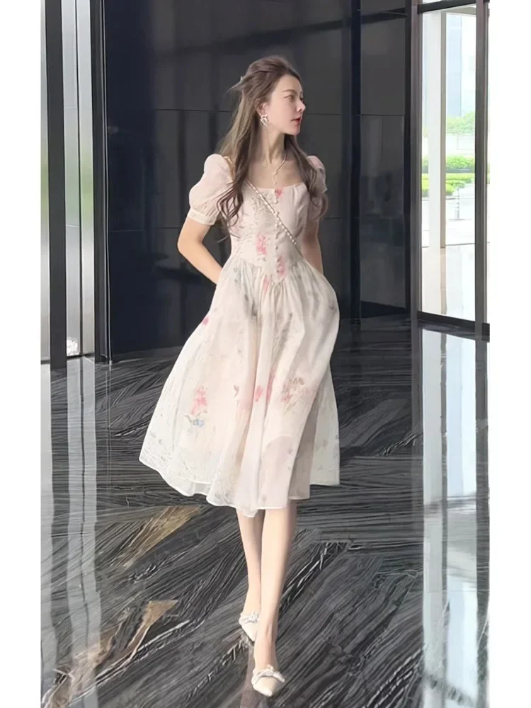 Korejepo French Square Neckline Dresses Elegant Printed Dress Women Summer New Design Slim Waist A Line Long Vestido