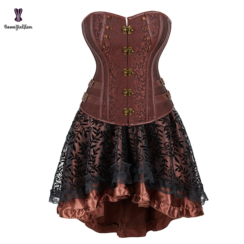 Steampunk Gothic Corset Dress Suit Bustier Top With Asymmetrical Skirt Sexy Victorian Gorset Plus Size S-6XL