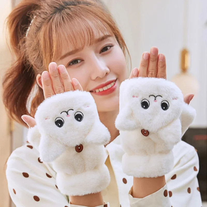 Cartoon Bear Cat Rabbit Gloves Fur Glove Women Winter for Women Girls Animal Ear Fold Plush Glove Fingerless Thicken Warm Mitten