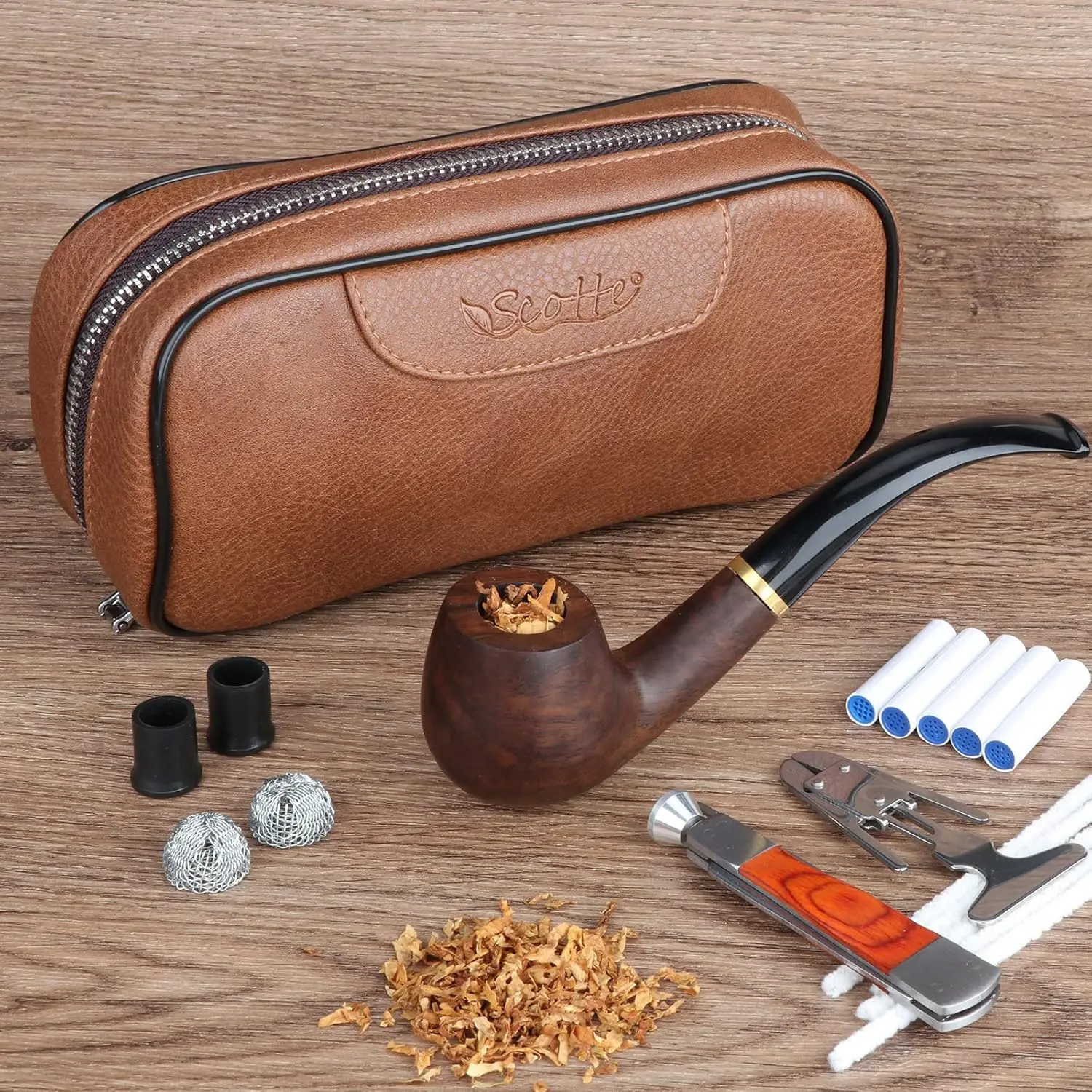 

Handmade Pipe Set, Leather Pipe Pouch, Wood Pipe and Accessories (Scraper/Stand/Filter Element/Filter Ball/Small Bag/Box)