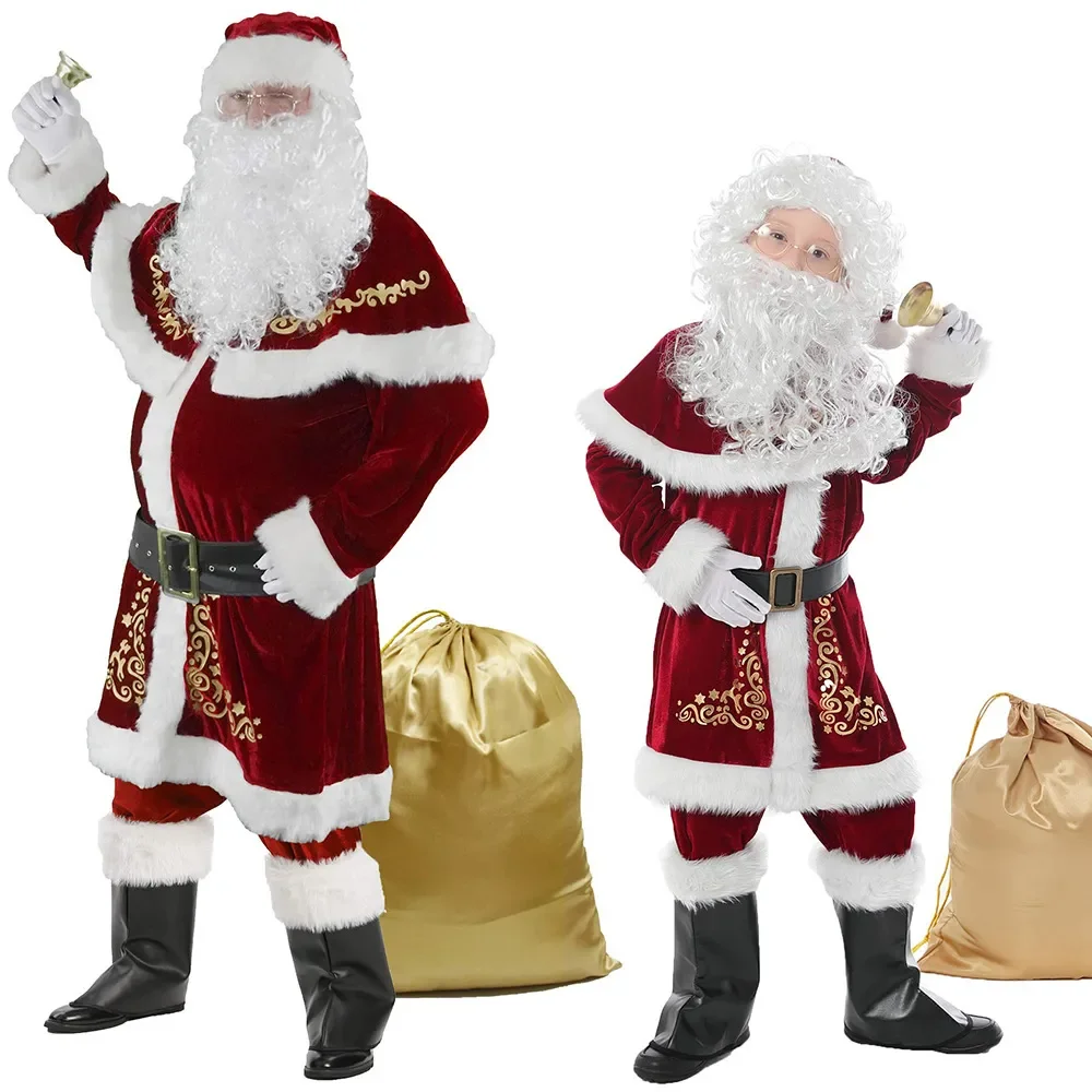 Christmas Cosplay Santa Claus Costume Christmas Costumes Red Deluxe Velvet Clothes Suits Adult Kids Role Play Props Family Party