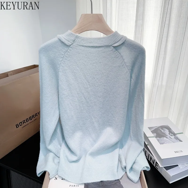 Otoño Invierno rebordear jerseys de punto mujeres suéteres moda coreana cuello redondo manga larga prendas de punto sólidas Tops Pull Femme Jumpers