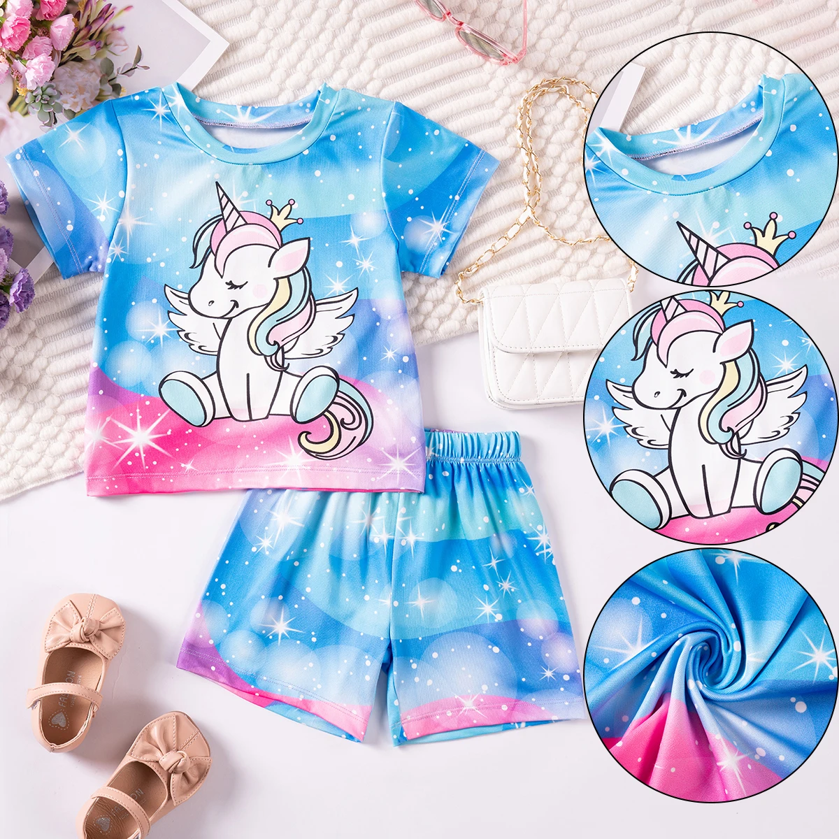 Summer Boy's Suit Casual Children's Clothes Tie-dye Two-piece Star Unicorn Short-sleeved Top + Shorts Comfortable Skin-friendly