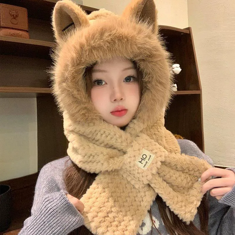 Winter hat girls cute little fox ears plush scarf one warm thick bib cold two piece set